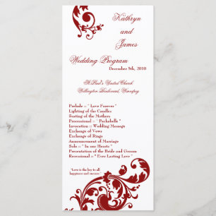 25 4x9 Wedding Program Crimson Red Floral Filigree
