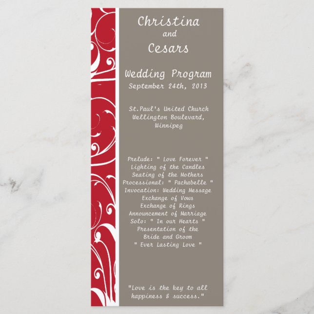 25 4x9 Wedding Program Crimson Red Grey Bg White S (Front)