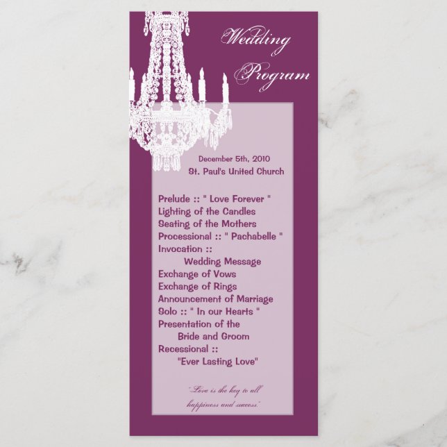 25 4x9 Wedding Program Crystal Chandelier Glitz (Front)
