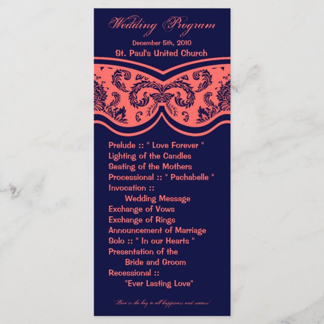 25 4x9 Wedding Program Damask Lace Print Pattern (Front)