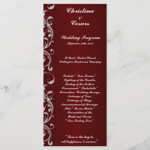 25 4x9 Wedding Program Dark Maroon Grey Swirls Red