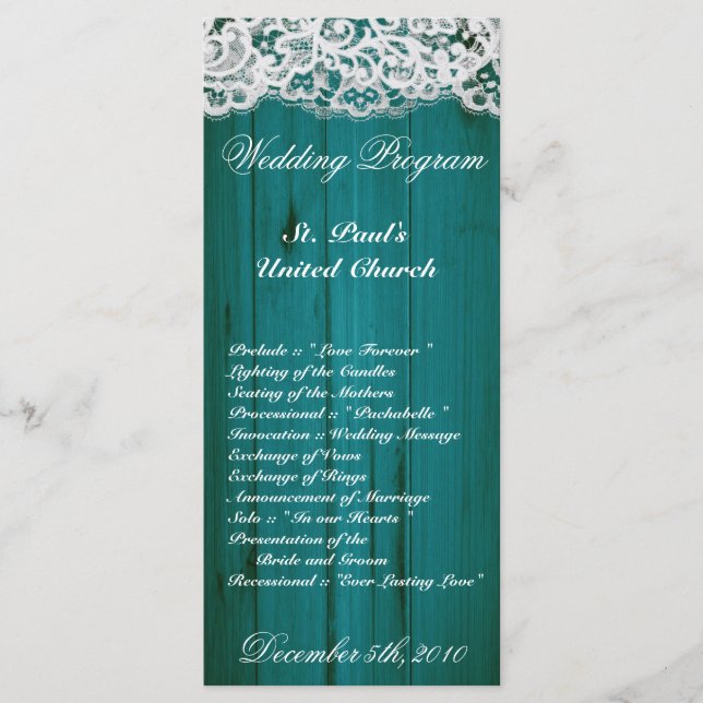 25 4x9 Wedding Program Distrissed Teal Wood Lace (Front)