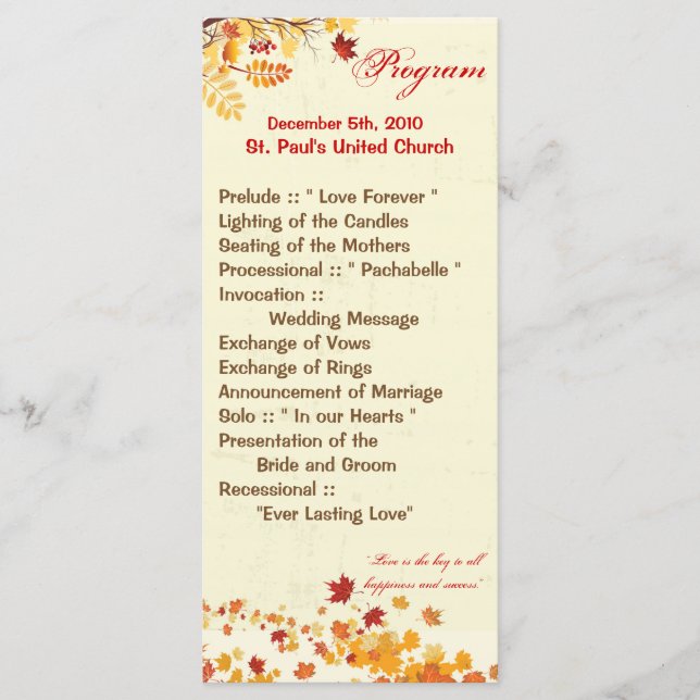 25 4x9 Wedding Program Fall Breeze Autumn Leaves (Front)