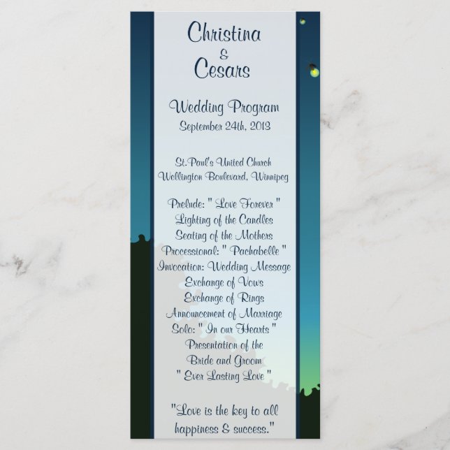 25 4x9 Wedding Program Fireflies and Mason Jars (Front)
