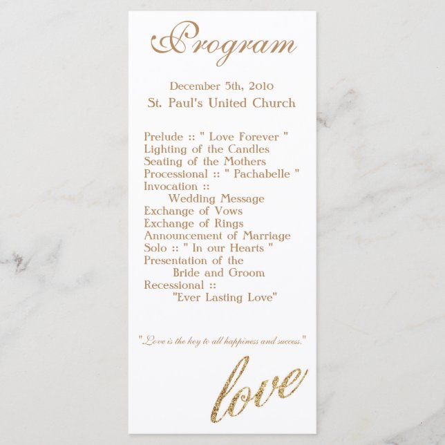 25 4x9 Wedding Program Gold Foil Glitter Love (Front)