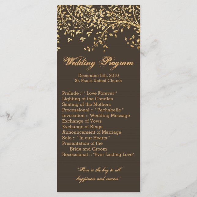 25 4x9 Wedding Program Gold Foil Tree Leaves Autum (Front)