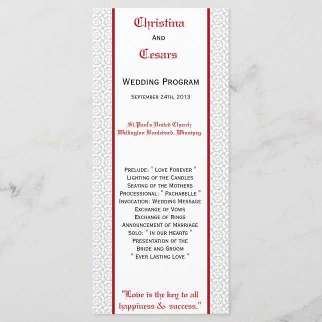 25 4x9 Wedding Program Grey Red Formal Print (Front)
