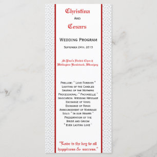 25 4x9 Wedding Program Grey Red Formal Print