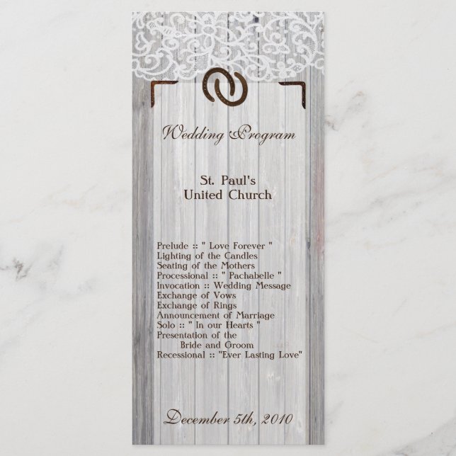 25 4x9 Wedding Program Horse Shoes on Wood Lace (Front)