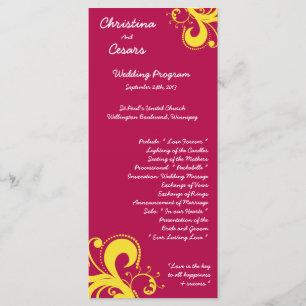 25 4x9 Wedding Program Hot Pink/Yellow Swirls Dots