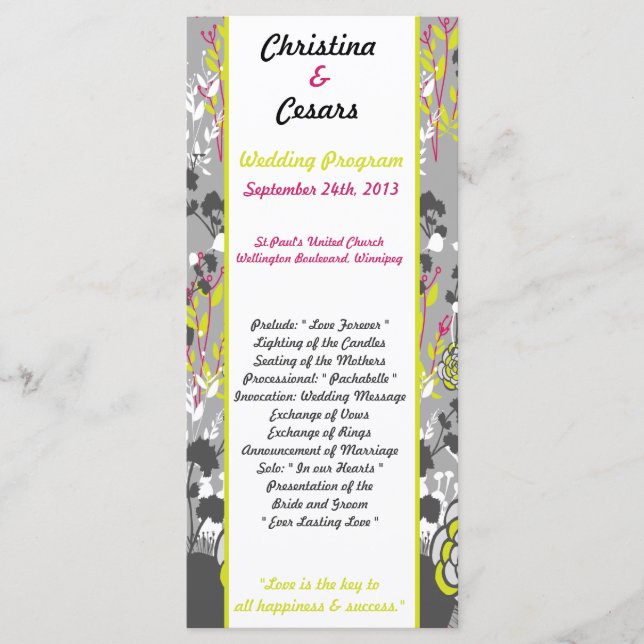 25 4x9 Wedding Program Lime Green/Hot Pink Flower (Front)