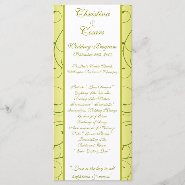 25 4x9 Wedding Program Lime Green Pear Swirls (Front)