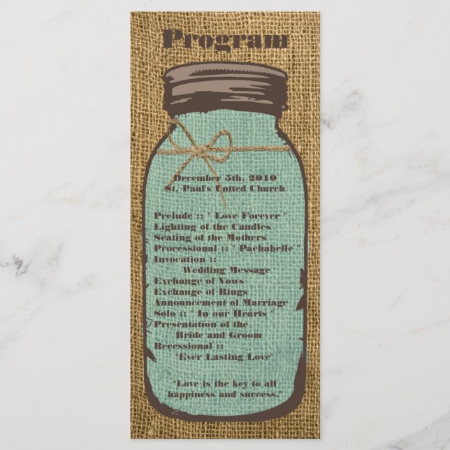 25 4x9 Wedding Program Mason Jar Burlap Country (Front)
