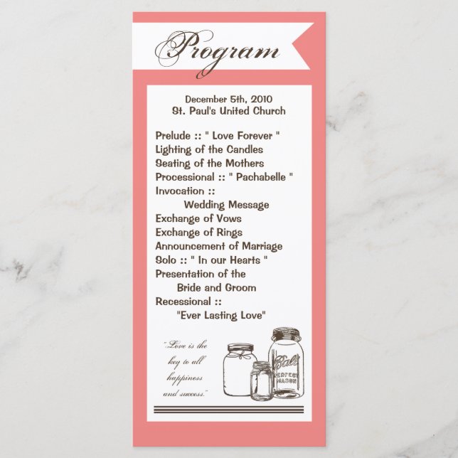 25 4x9 Wedding Program Mason Jar Country Rustic (Front)