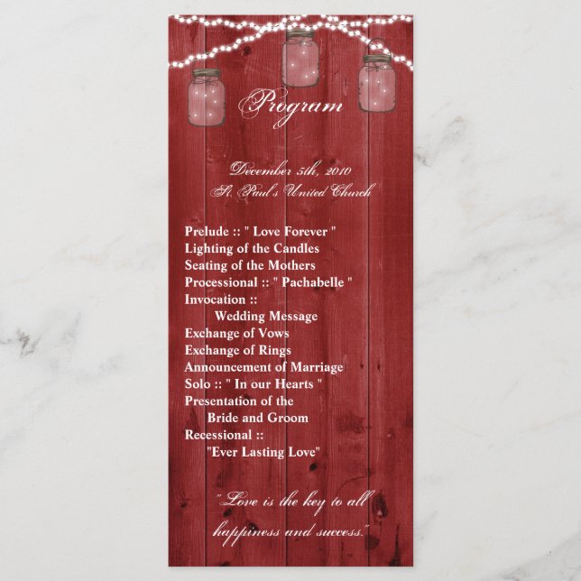 25 4x9 Wedding Program Mason Jar String Lights Woo (Front)