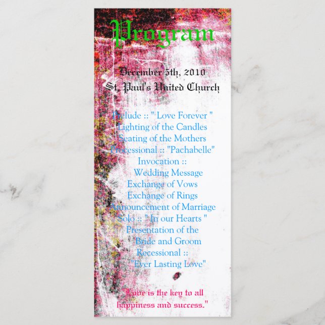 25 4x9 Wedding Program Neon Grunge Scratch Colour (Front)