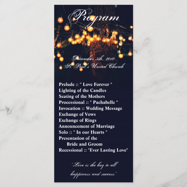 25 4x9 Wedding Program Oak Tree String Lights Nigh (Front)
