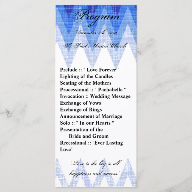 25 4x9 Wedding Program Ombre Blue Chevron (Front)