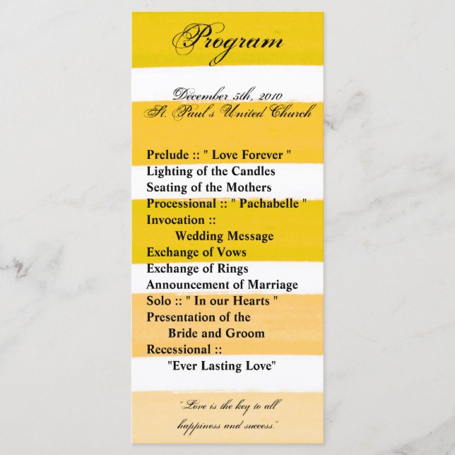 25 4x9 Wedding Program Ombre Stripe Yellow Line (Front)