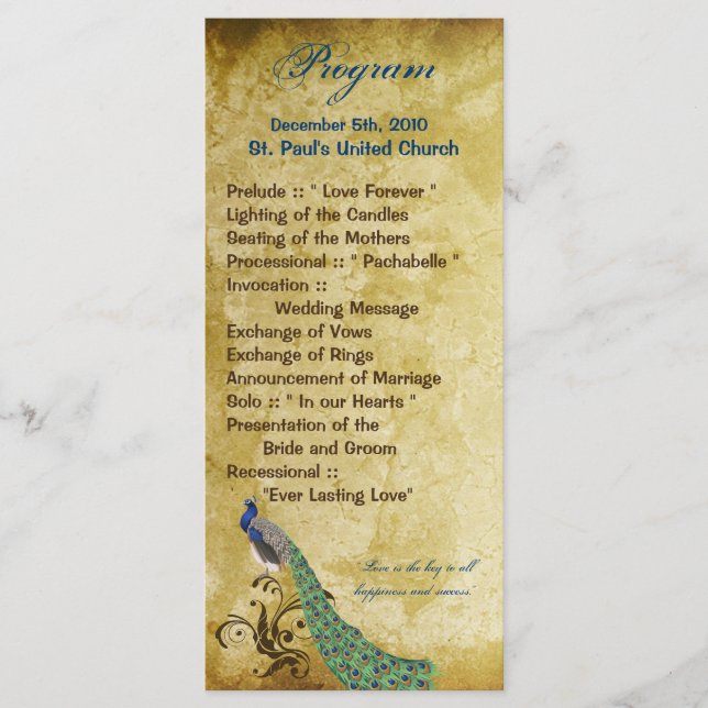 25 4x9 Wedding Program Peacock Vintage Feathers (Front)