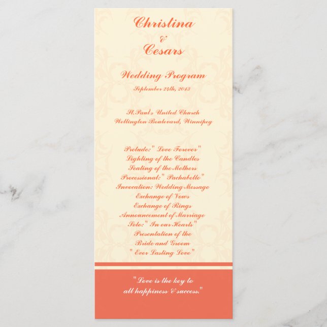 25 4x9 Wedding Program Pinkish/Peach Formal Scroll (Front)