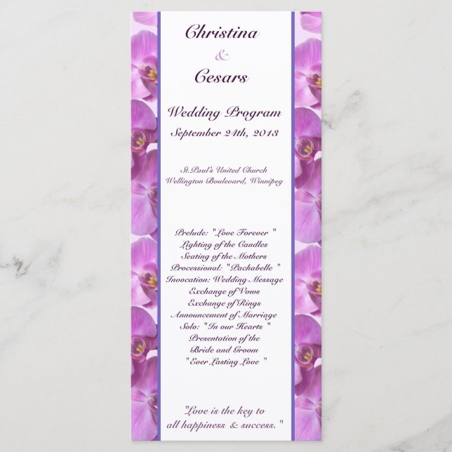 25 4x9 Wedding Program Purple Orchids on Stem (Front)