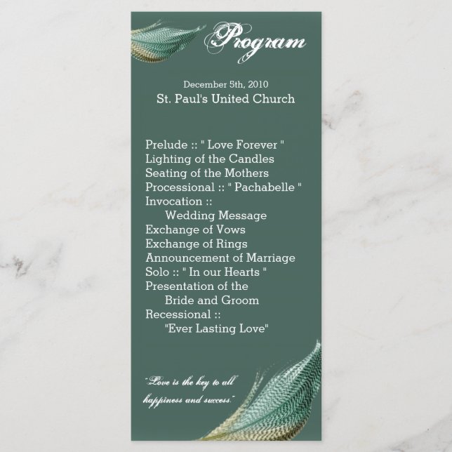25 4x9 Wedding Program Quail Feather Bird Pigeon (Front)