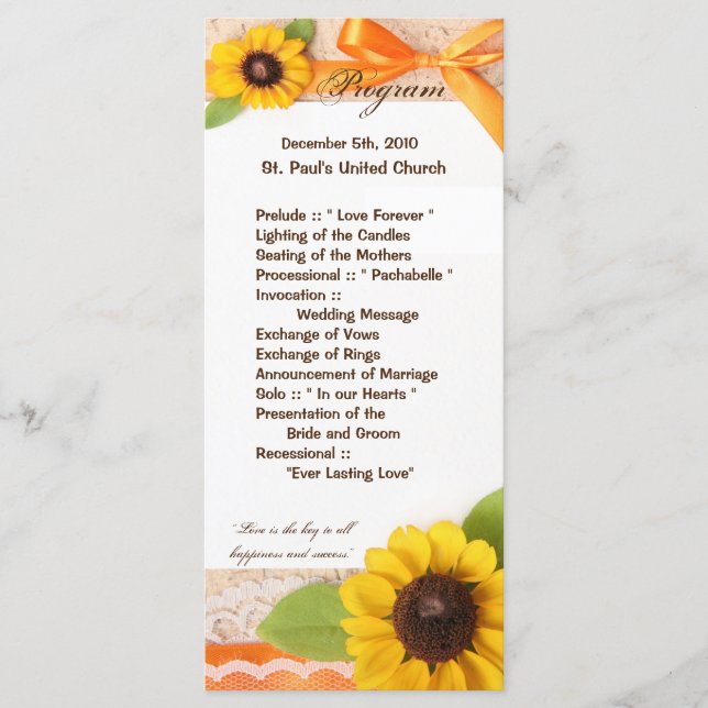 25 4x9 Wedding Program Rustic Sunflower Country (Front)
