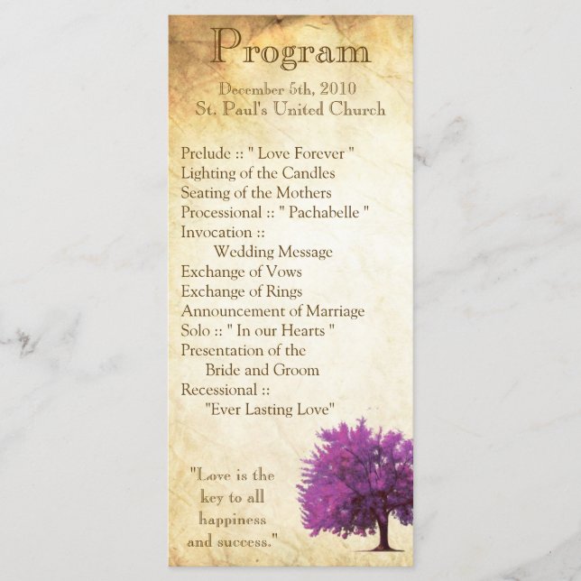 25 4x9 Wedding Program Spring Tree Aged Paper Vint (Front)