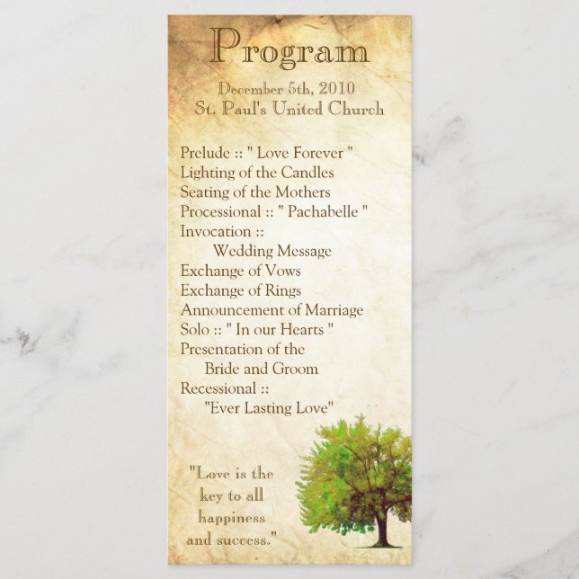 25 4x9 Wedding Program Spring Tree Aged Paper Vint (Front)