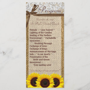 25 4x9 Wedding Program Sunflower Lace Burlap Count