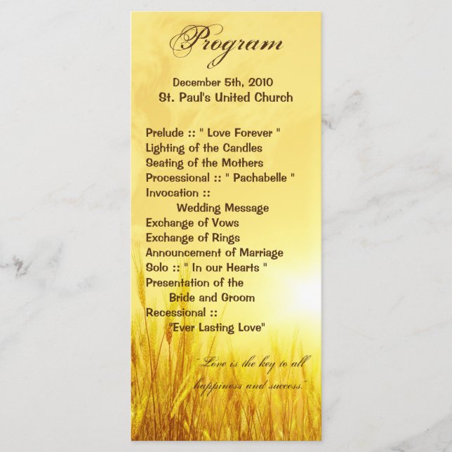 25 4x9 Wedding Program Sunrise Wheat Country Rusti (Front)