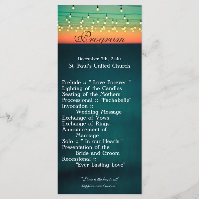 25 4x9 Wedding Program Sunset String Lights Yard (Front)