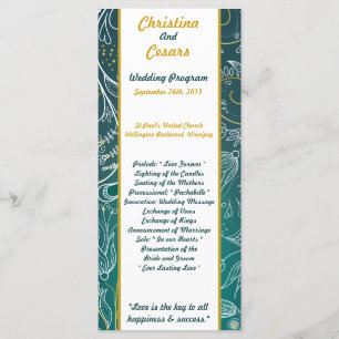 25 4x9 Wedding Program Teal/Yellow Mustard Floral