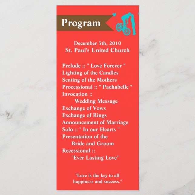 25 4x9 Wedding Program Teen Love Couple on Bicycle (Front)