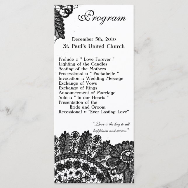 25 4x9 Wedding Program Vintage Lace Applique Dolli (Front)