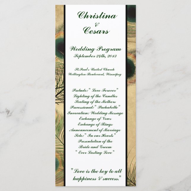 25 4x9 Wedding Program Vintage Peacock Green aged (Front)