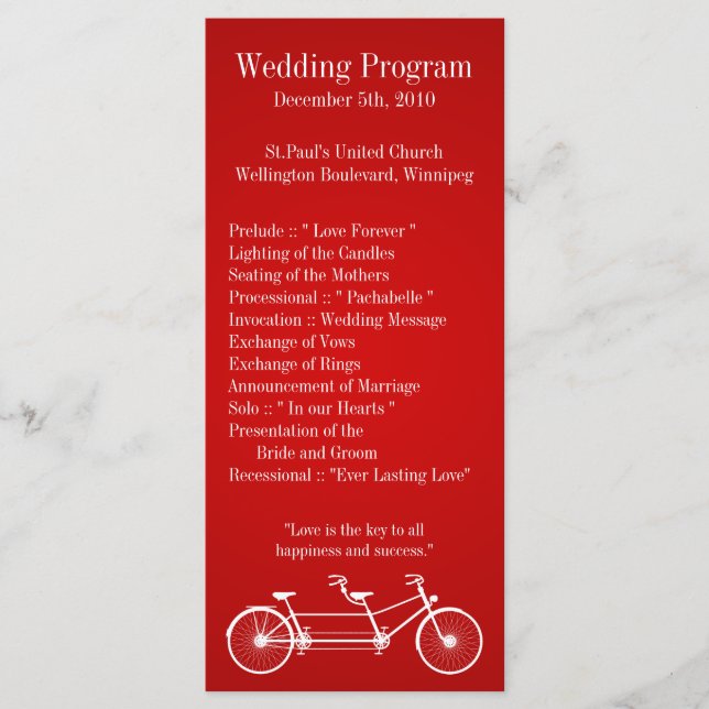 25 4x9 Wedding Program Whimsical Red Double Bike (Front)