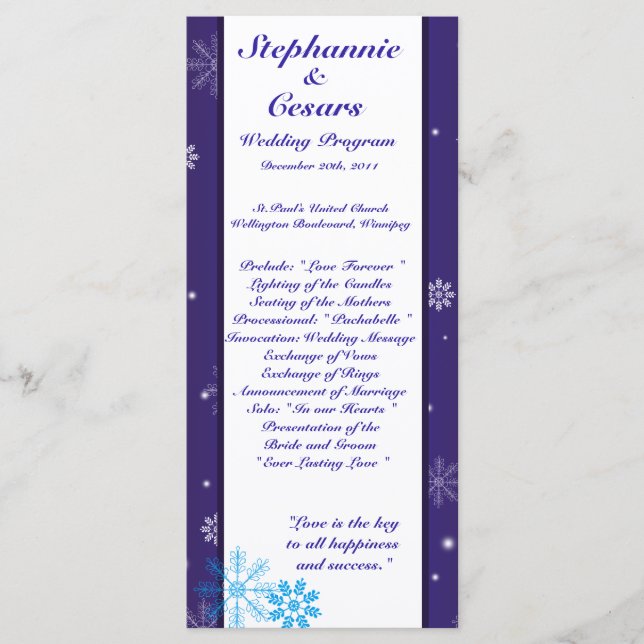 25 4x9 Wedding Program White Snow Flakes (Front)