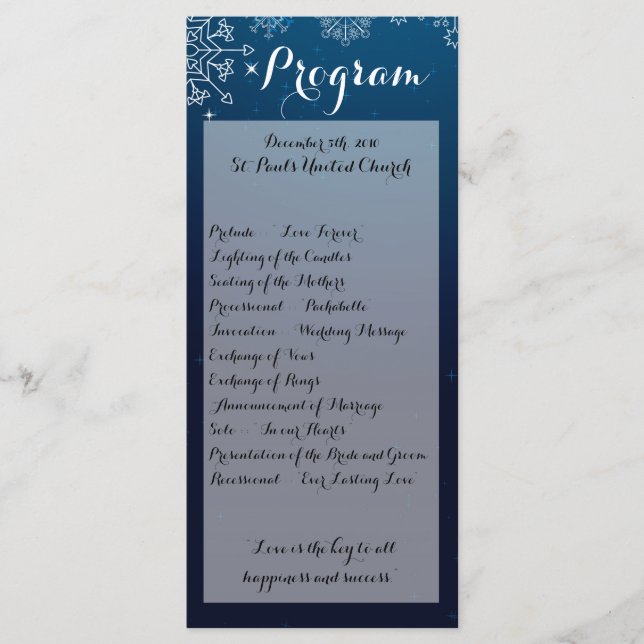 25 4x9 Wedding Program Winter Snowflakes Snow Ice (Front)