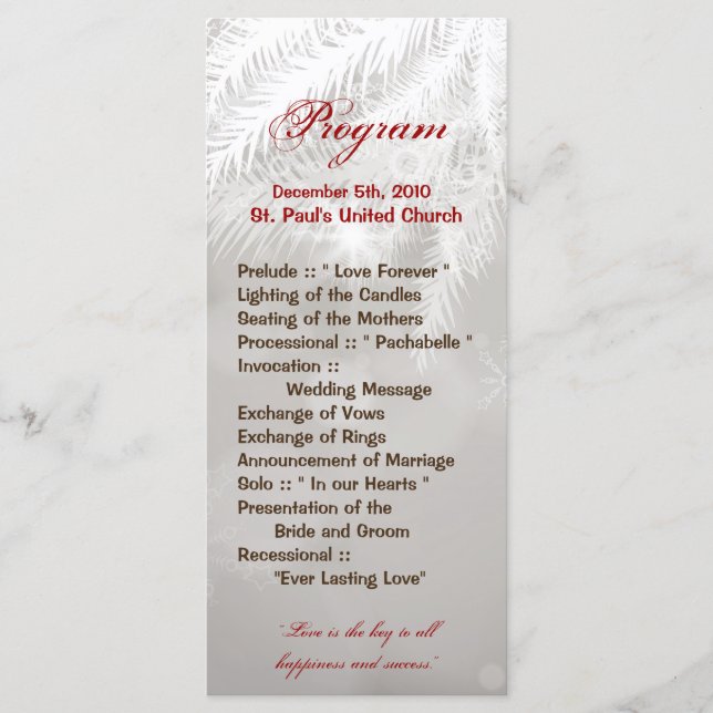 25 4x9 Wedding Program Winter White Pine Tree Need (Front)