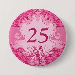"25" age damask elephant pink button/badge 3 inch round button