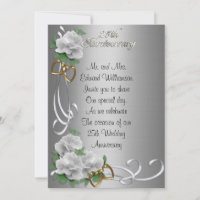 25 Anniversaire invitation blanc roses argent sati