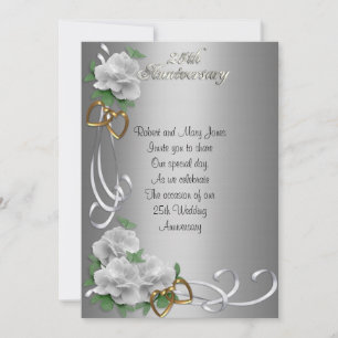 25 Anniversaire invitation blanc roses argent sati