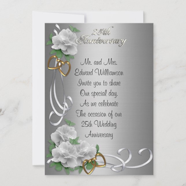 25 Anniversary invitation white roses silver satin (Front)