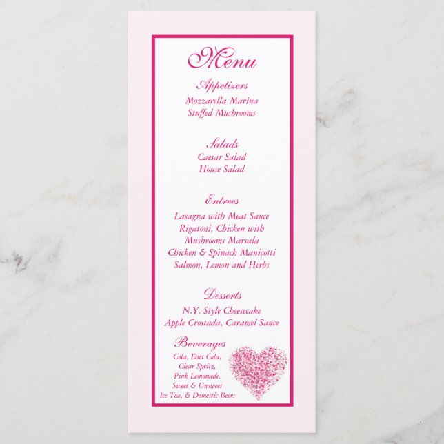 25 Balises du menu Mariage de coeur rose pâle (Devant)