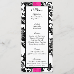 25 Black/Hot Pink Floral Damask Wedding Menu Tags