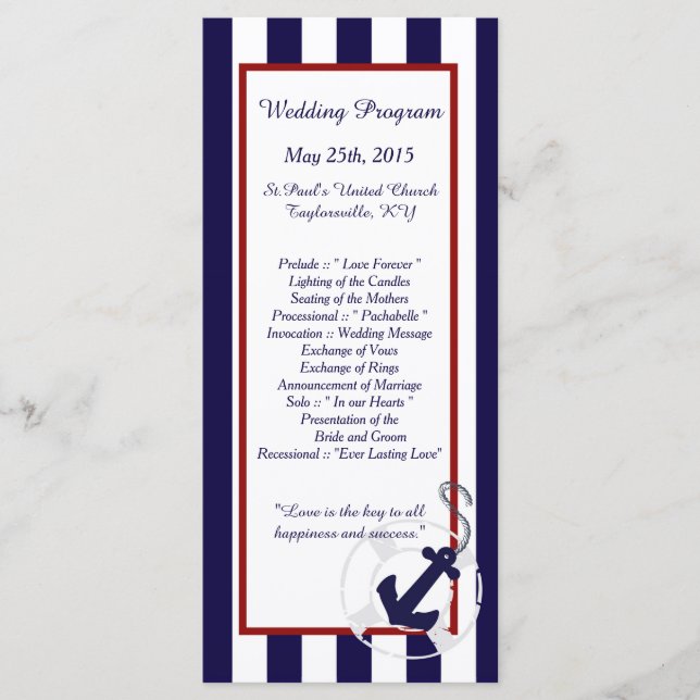 25 Blue Anchor Nautical Wedding Programs (Front)