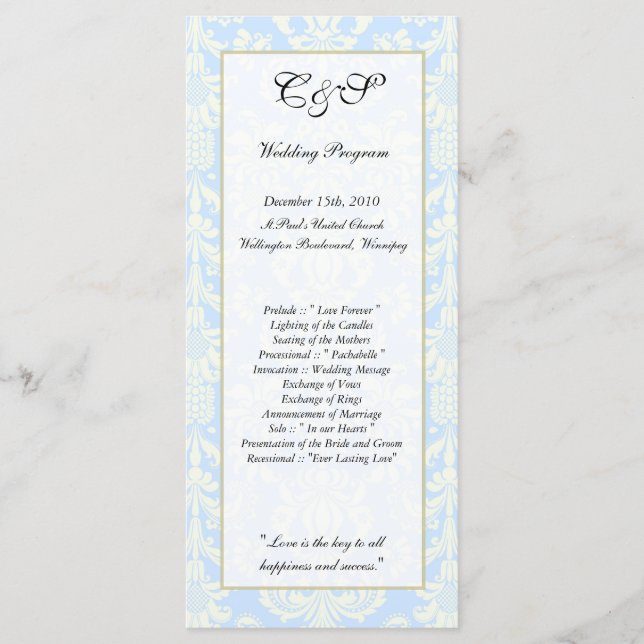 25 Blue/White Damask Wedding Programs (Front)