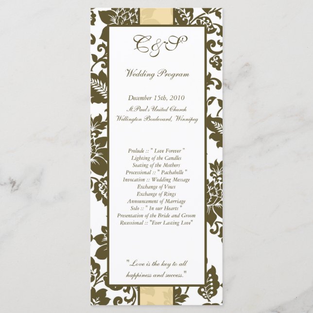 25 Brown/Creme Floral Damask Wedding Programs (Front)